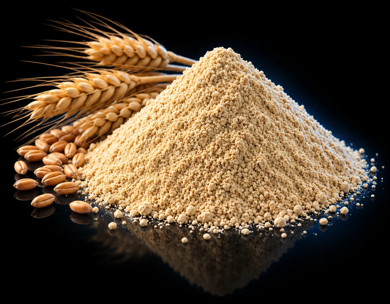 Bugday gluteni tozu ve bugday basaklari, koyu zeminde studyo cekimi