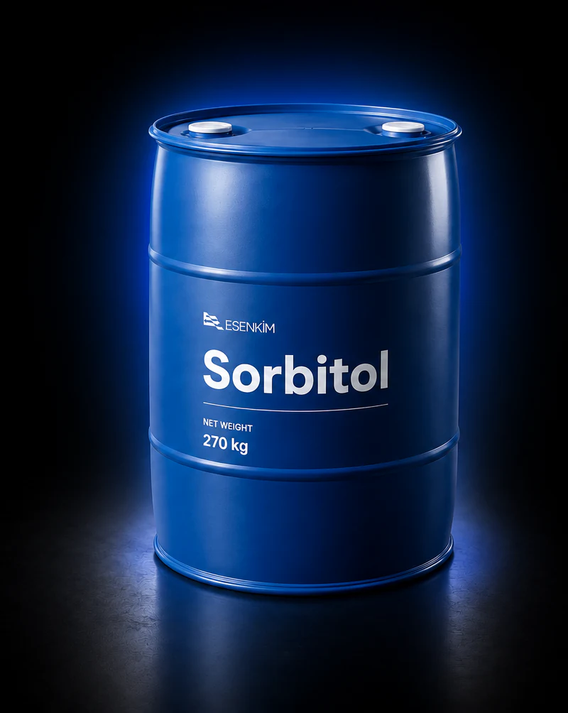 Esenkim markalı 270 kg Sorbitol varili, mavi ışıklı stüdyo çekimi